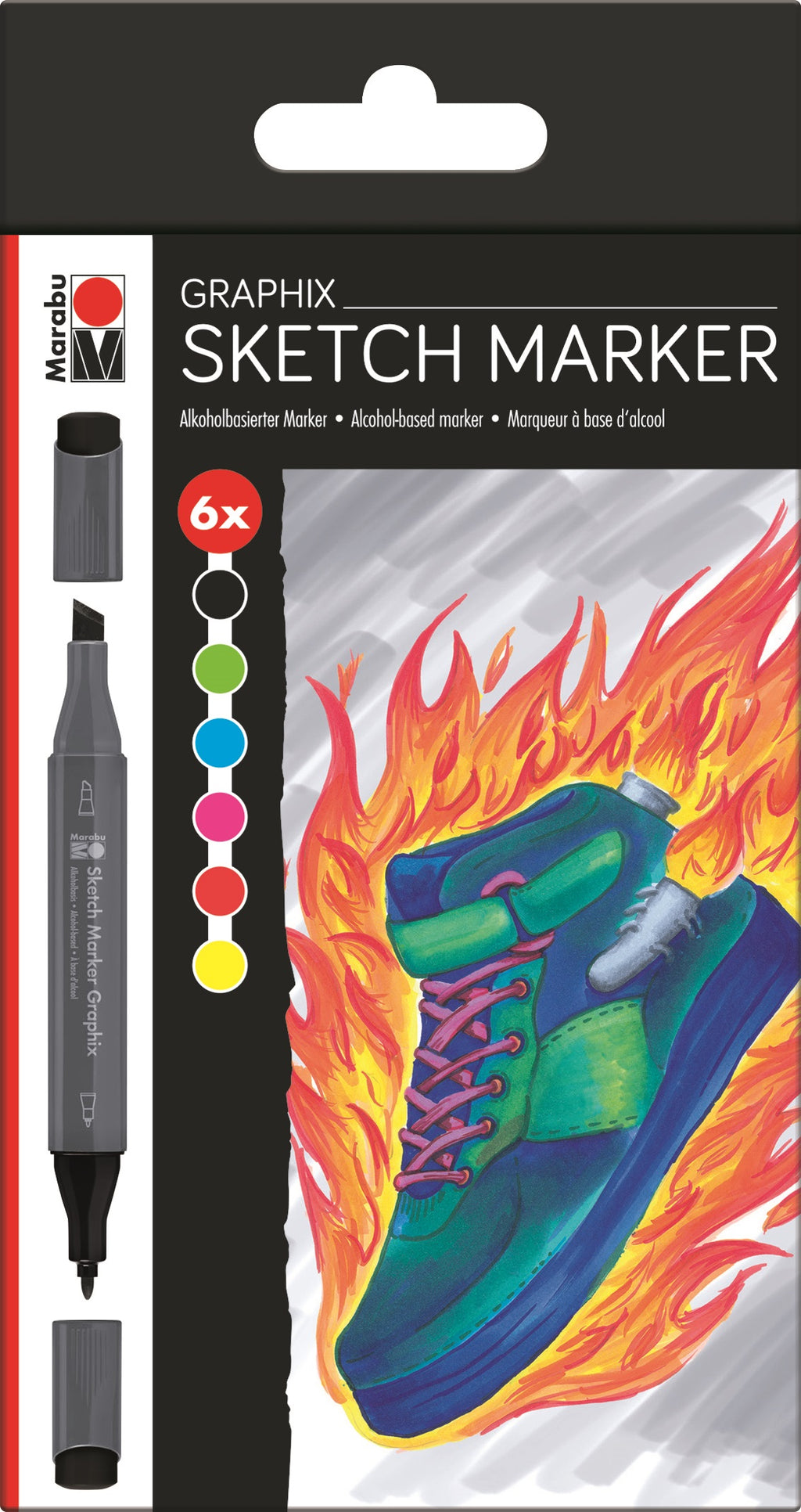 Marabu Alcohol Based Sketch Markers - 6 Colors Alcohol Markers for Artists  - Fine and Chisel Dual Tip - Drawing Markers for Adult Coloring, Painting